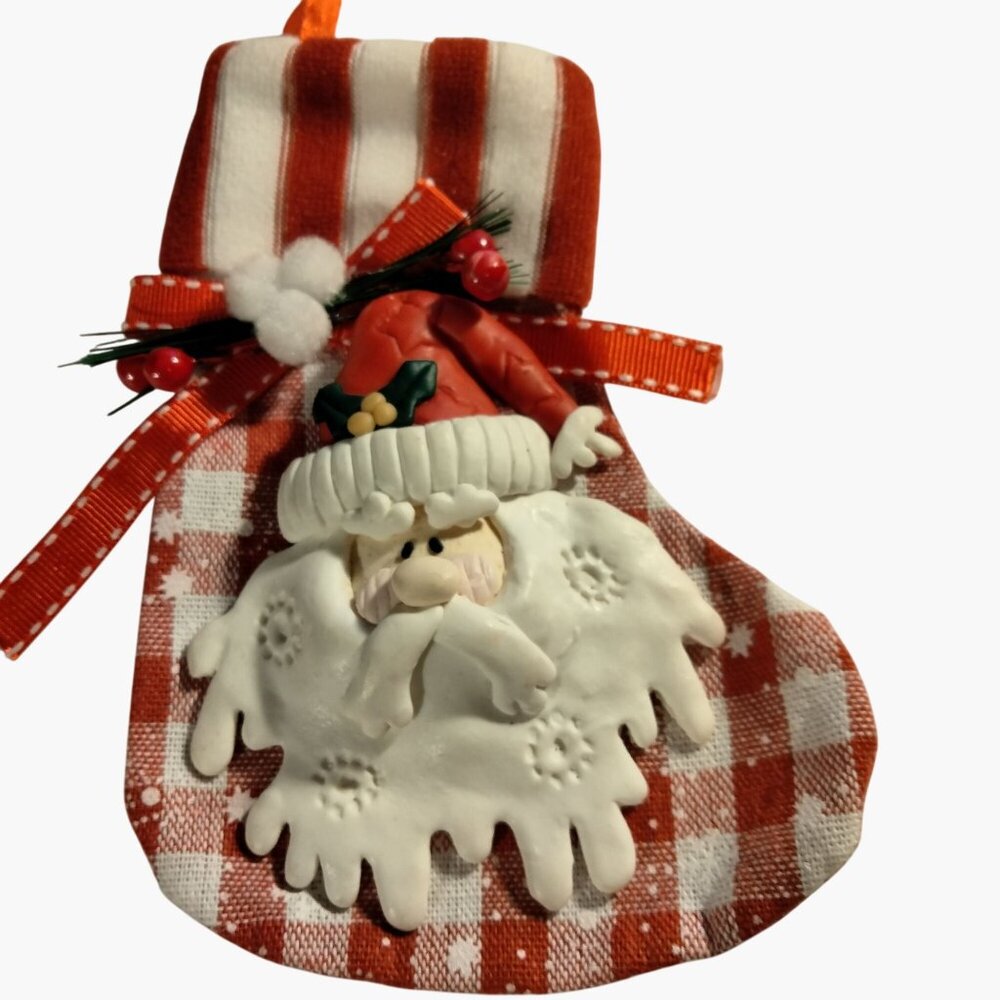 Santa Claus Pin on Gingham Christmas Stocking Ornament Cottagecore Holiday